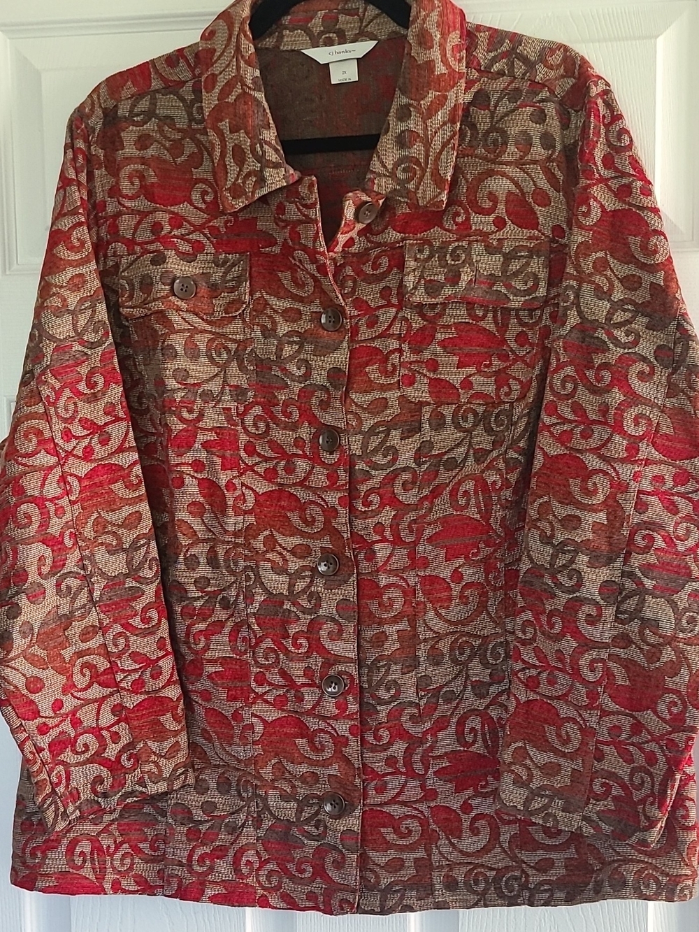 CJ Banks Women’s Plus Sz 2X Red/Brown/Beige Floral Button-Front Collared Jacket